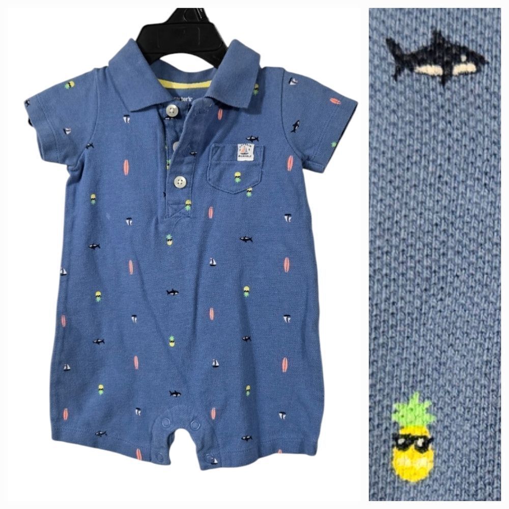 Baby Boy Carter's Shark Sailboat Pique Romper Blue Cotton Polo One-Piece Outfit